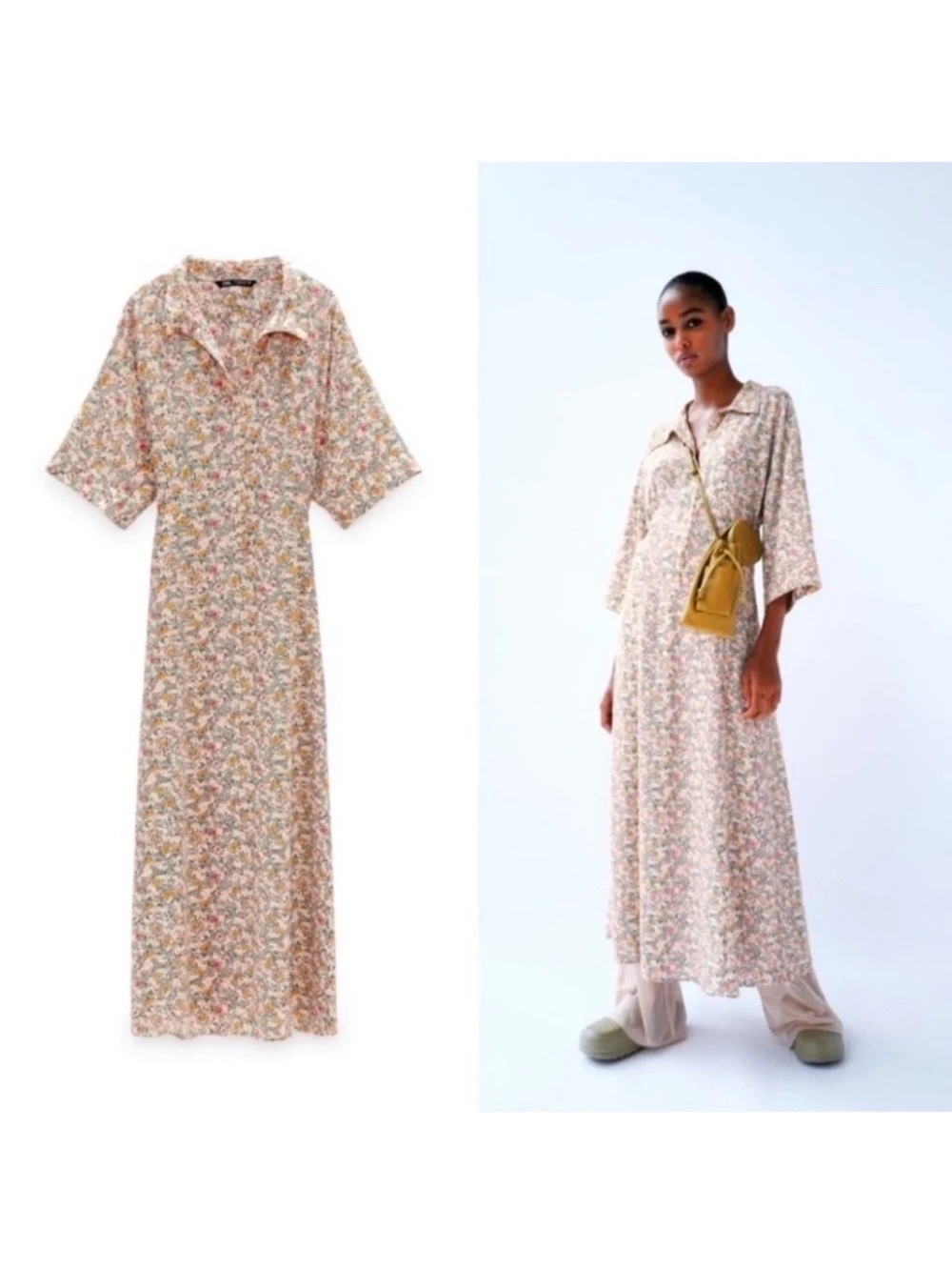 Zara floral-printed short-sleeve midi shirt dress Women’s SZ Small Cream Multi